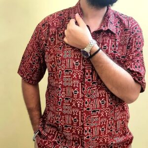Bold Tribal Ajrakh Motif Shirt. Pure Cotton– Luxury Red Crimson Edition.