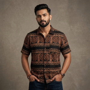 Premium Ajrakh Bold Print Shirt –Earth Tone Collection. Sand & Charcoal Panels.